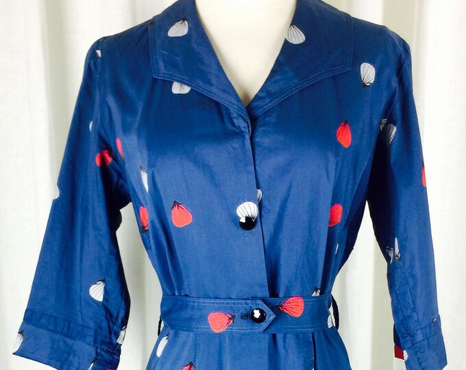 Vintage 40's 50's teal polished cotton hand painted printed day dress