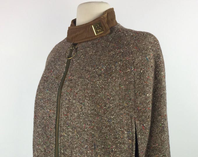 Vintage 60's 70's brown tweed pleather detail zip poncho cape