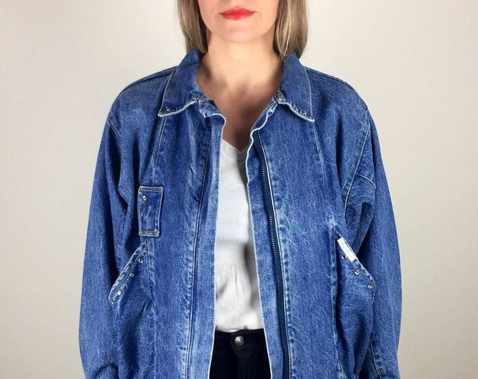 Vintage 80's French designer dolman sleeve rhinestone detail denim jean jacket