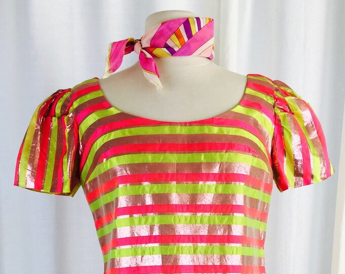 Vintage 60's rose gold metallic and striped A-line cocktail dress