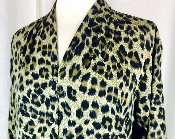 Vintage 80's French brand graphic neutral tone leopard shawl collar button down blouse