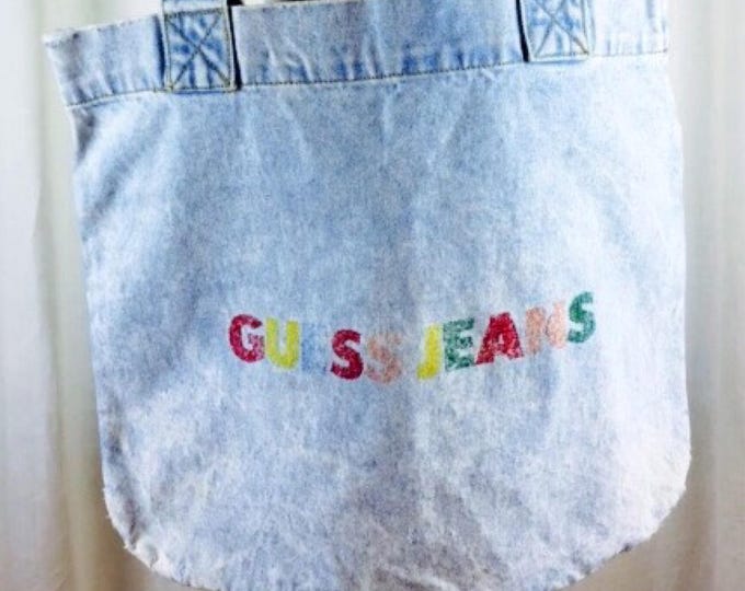 Vintage 80's original acid washed  light colored denim Guess Jeans Bag  color blocked letters
