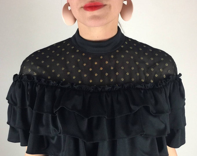 Vintage 70's disco cha cha flamenco black mesh lace gold metallic polka dot ruffle lace dress