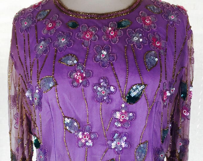 Vintage 80's purple floral design beaded sequined top
