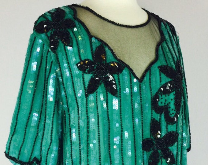 Vintage 80's green silk beaded sequined sheer mesh net top