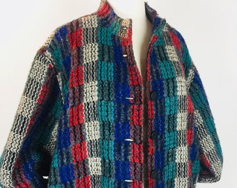 Vintage 80's multi color plaid wool mohair baseball bomber jacket