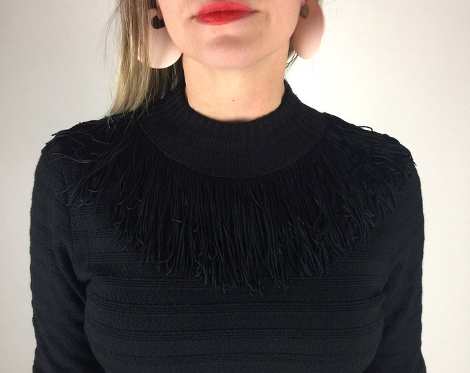 Vintage 60's black shadow stripe fitted knit fringe detail dress