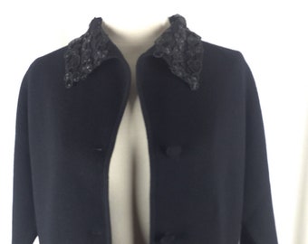 Vintage 50's embellished beaded sparkle trim black knit wool cardigan jacket