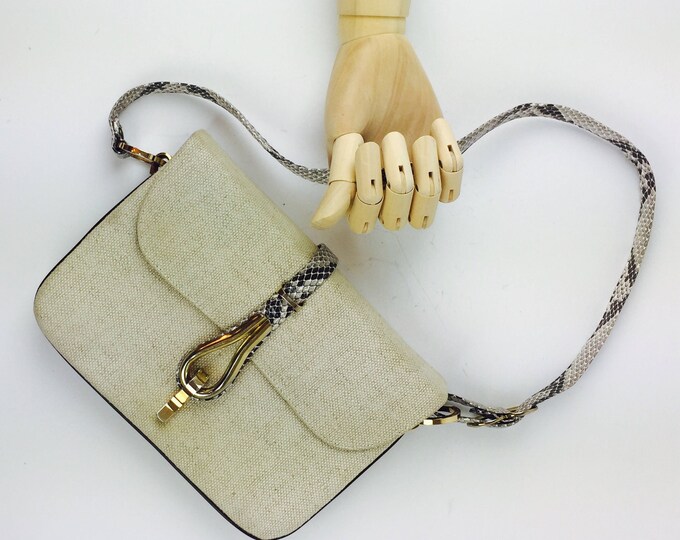 Vintage 80's modern khaki woven fabric snakeskin leather gold hardware handbag