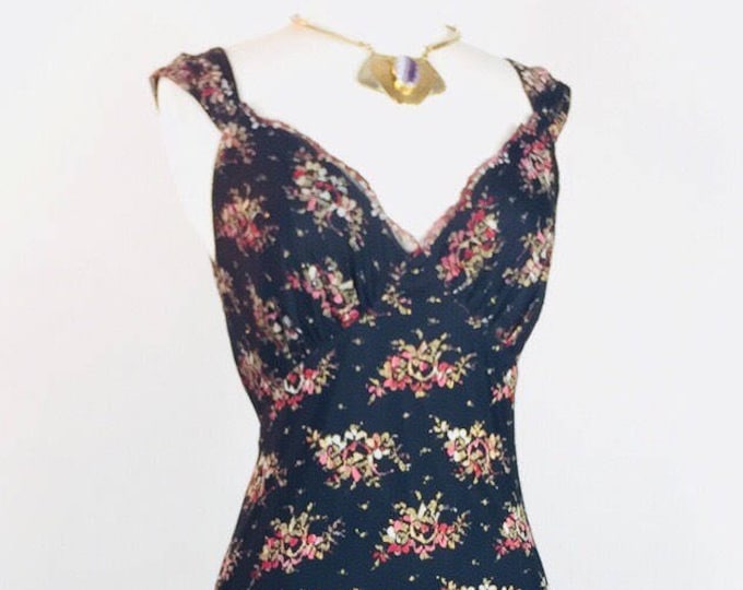 Vintage 80's 90's black gold red metallic lace slip dress