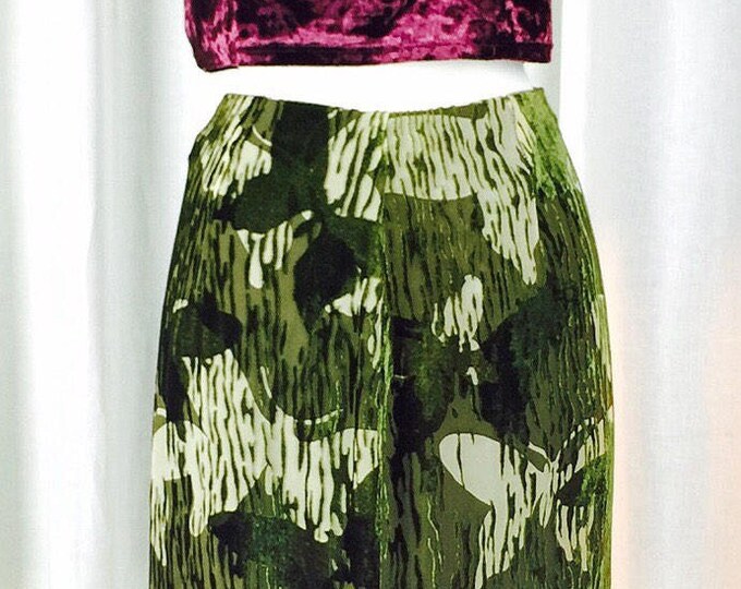 Vintage 90's designer green burnout velvet butterfly pattern slim long skirt