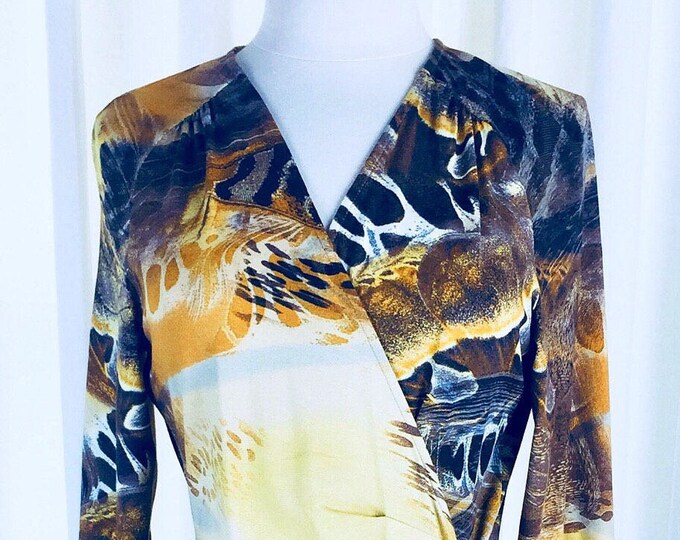 Vintage 90's animal print long sleeve form fitting surplice neckline gold waist accent draped dress