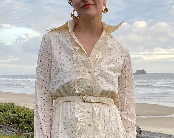 Vintage 70’s Designer embroidered eyelet belted maxi shirtdress