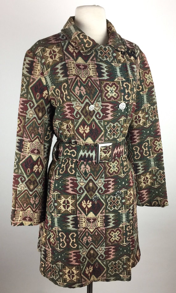 Vintage 50's 60's woven jacquard belted trench st… - image 1