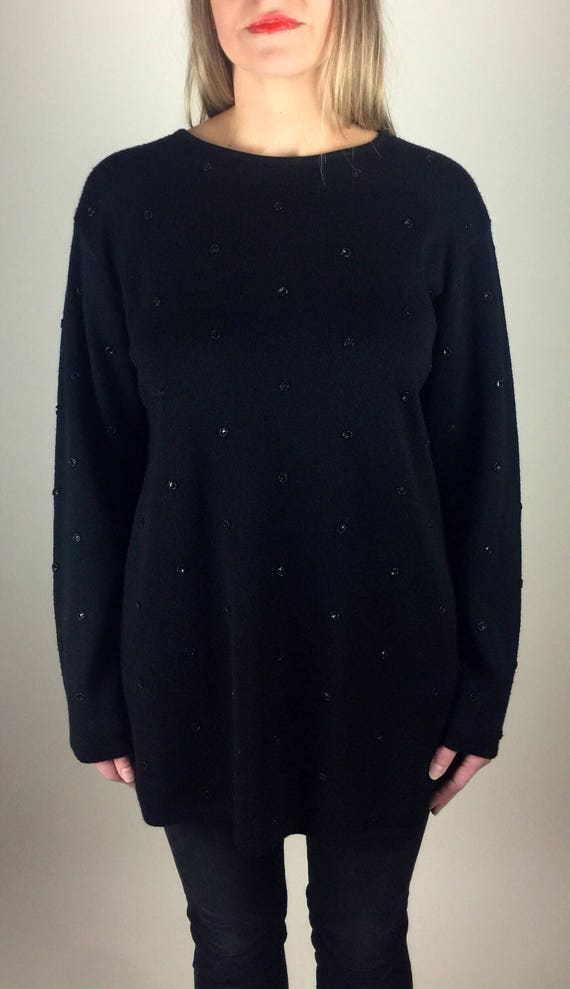 Vintage 90's black beaded polka dot tunic sweater - image 3