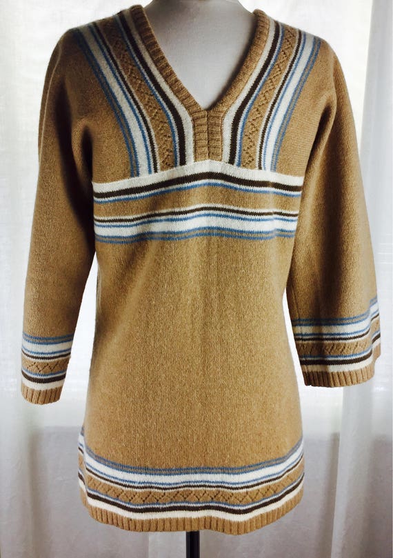 Vintage 70's boho camel lambswool striped tunic s… - image 1