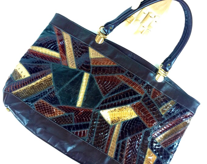 Vintage 70's 80's designer Varon brown leather gold tone hardware patchwork mosaic exotic leather tote