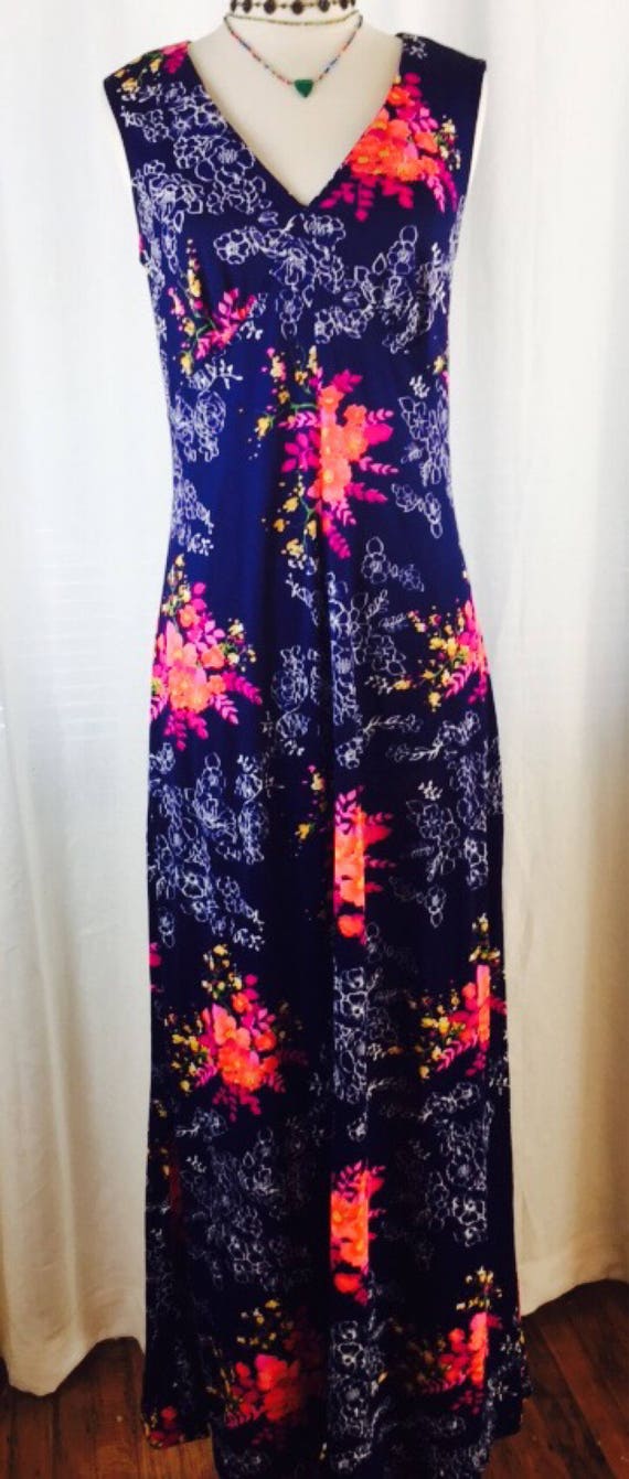 Vintage 70's long navy bright floral maxi dress - image 3