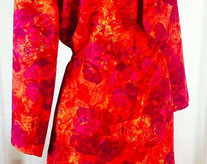 Vintage 60's red orange  abstract water color floral print pussy bow tie neck dress