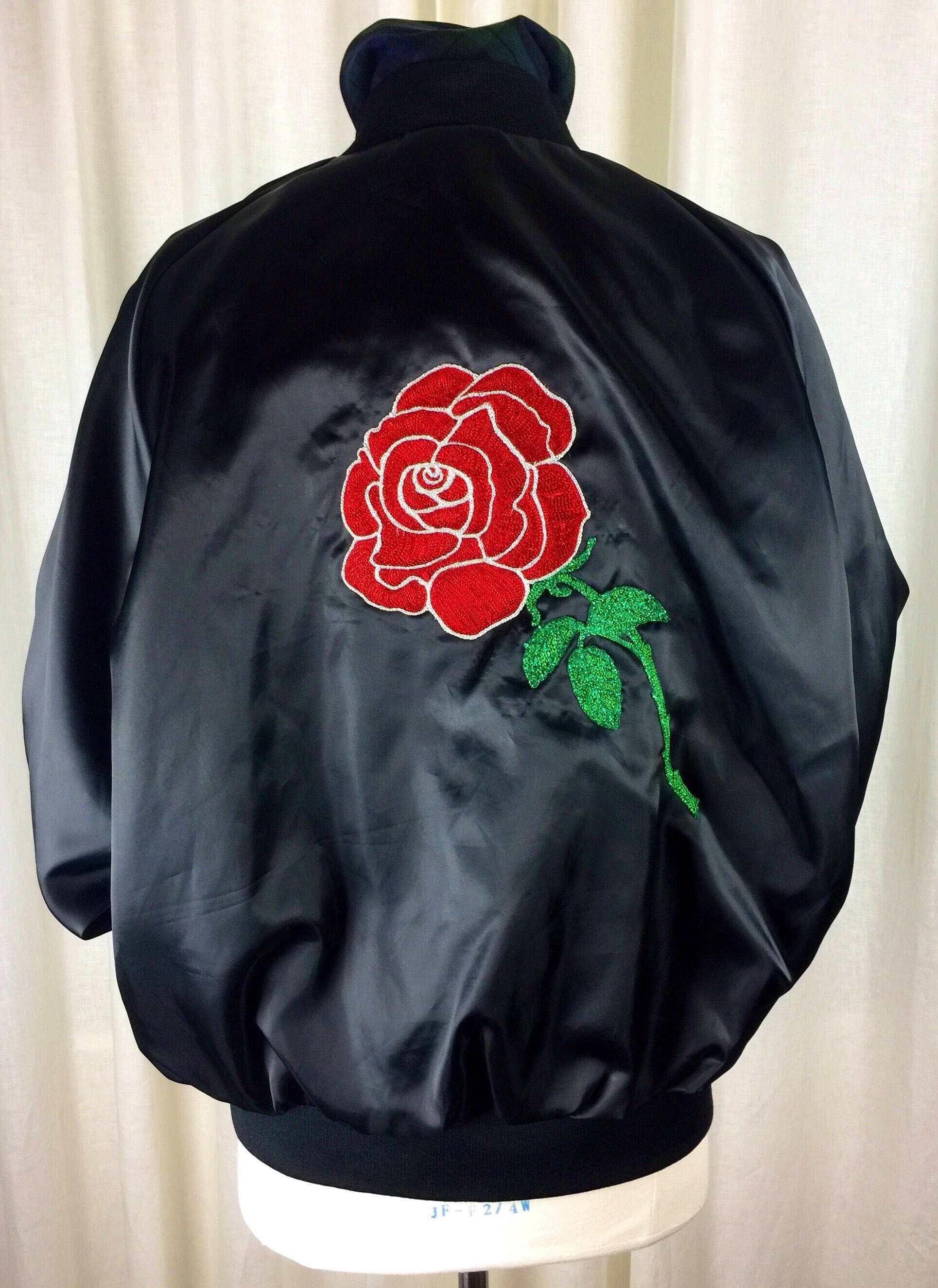Black Satin Embroidered Metallic Rose 