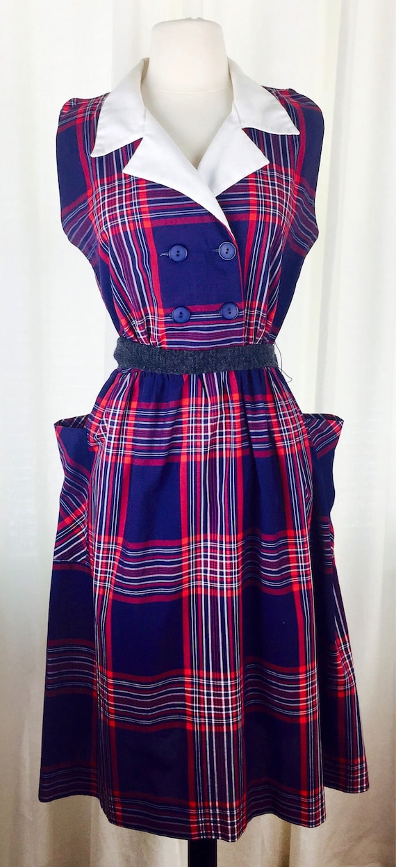 Vintage 70's blue red windowpane plaid collared d… - image 2