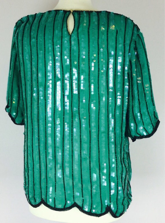 Vintage 80's green silk beaded sequined sheer mes… - image 4