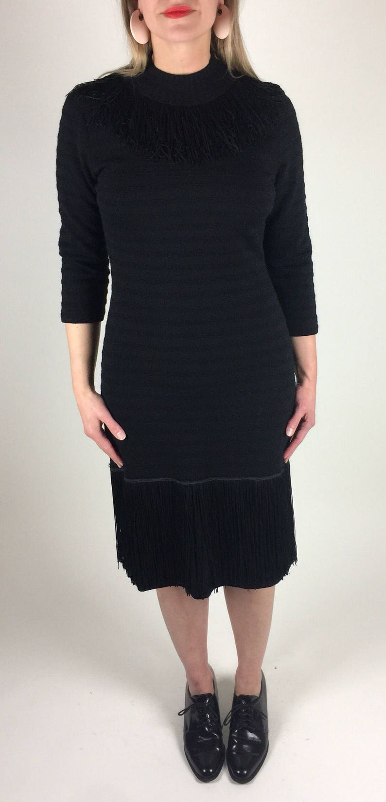 Vintage 60's black shadow stripe fitted knit fringe detail dress image 5