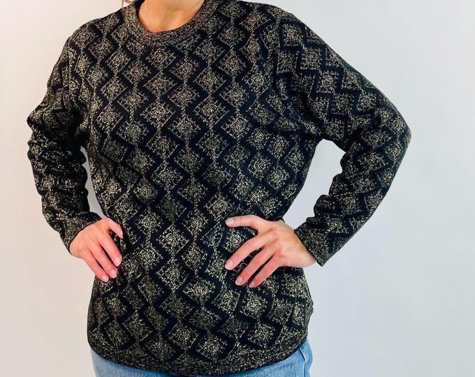 Vintage 80's 80's black gold metallic brocade pattern knit sweater top