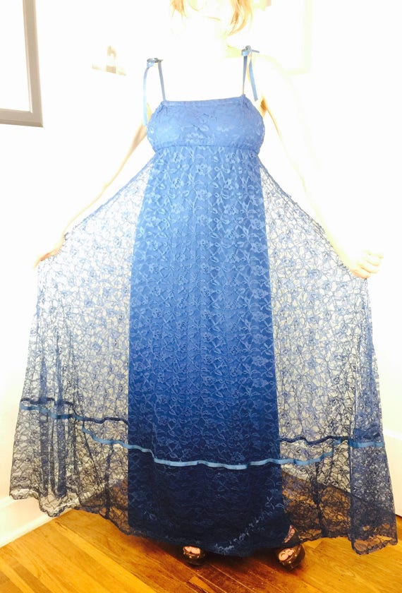 Vintage 70's royal blue lace empire strappy maxi … - image 7