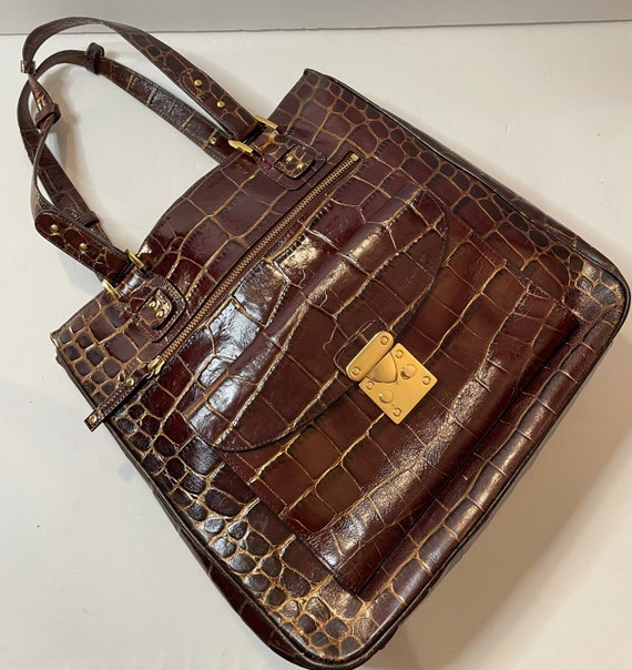90’s brown gold reptile embossed leather tote