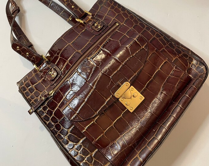 90’s brown gold reptile embossed leather tote
