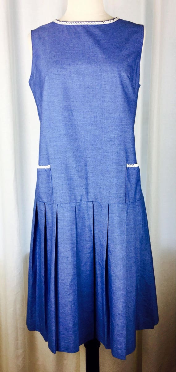 Vintage 60's blue denim chambray drop waist pocke… - image 3