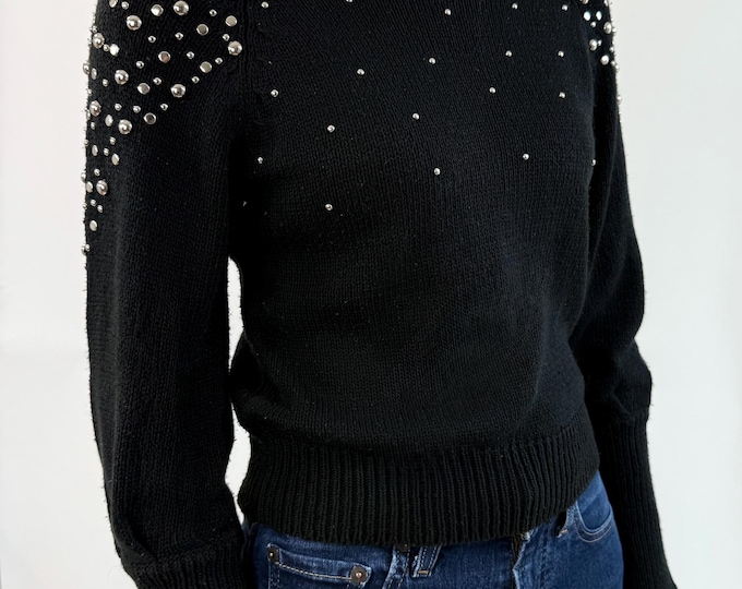 Vintage 80's 90's designer black fitted knit studded sweater