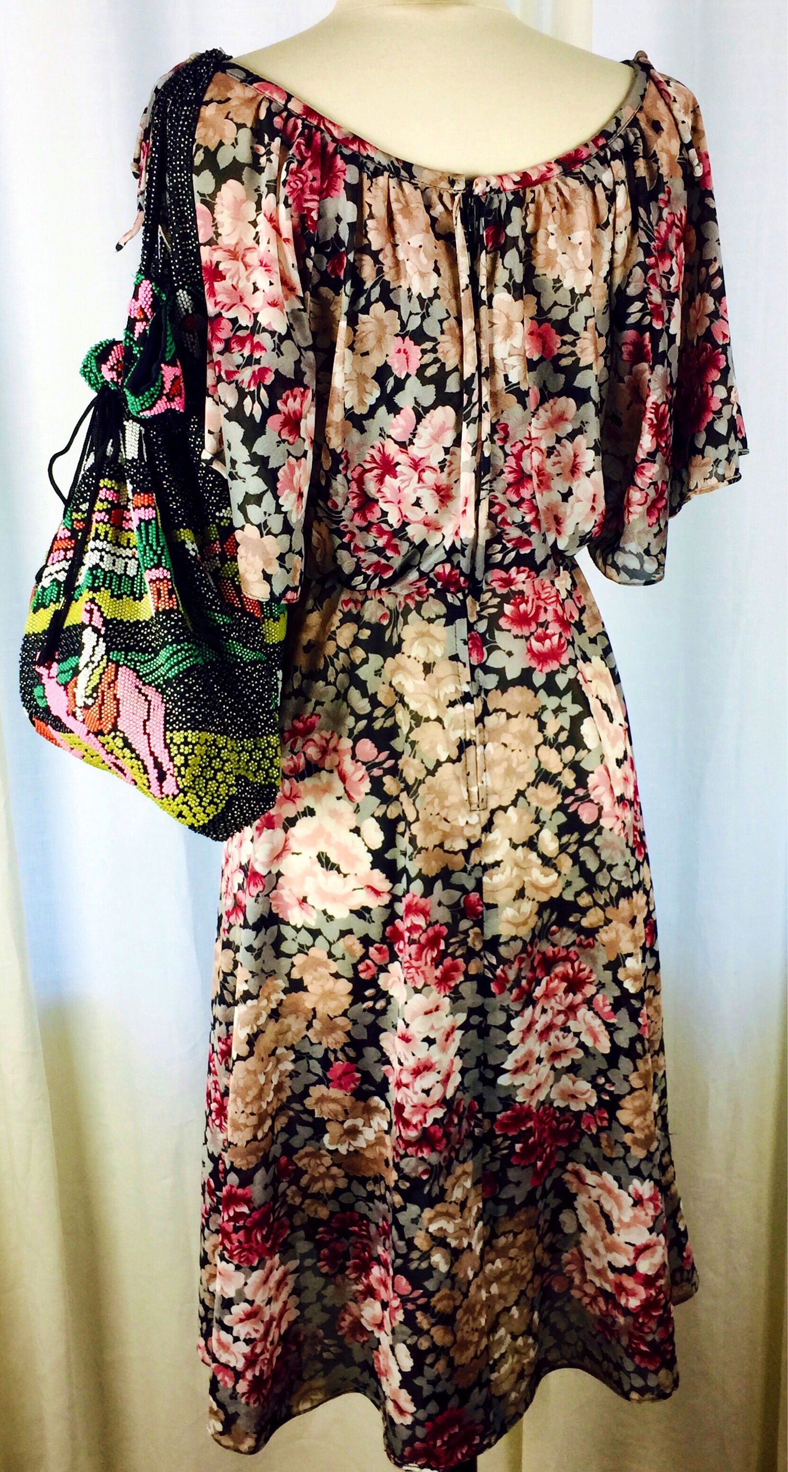 Vintage 70's bohemian sheer floral flowy capelet dress with butterfly ...