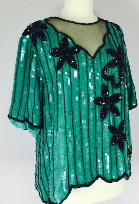 Vintage 80's green silk beaded sequined sheer mes… - image 2