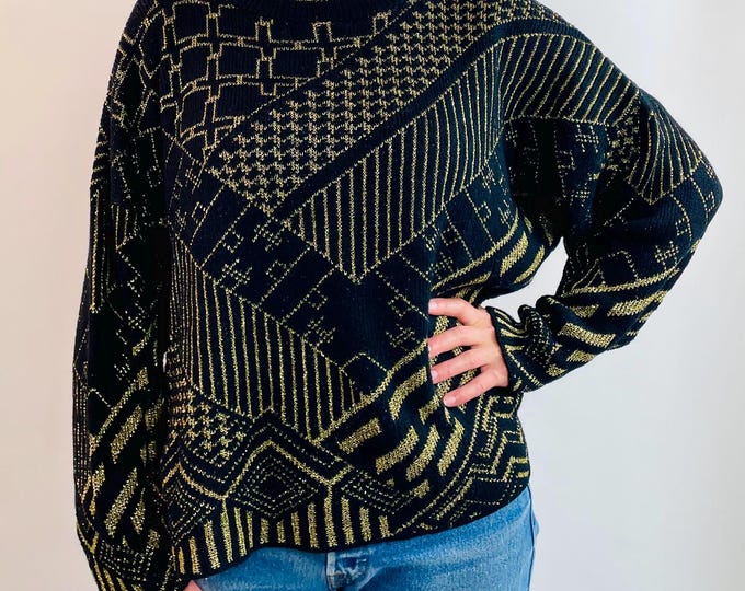 Vintage 80's 90's black gold metallic geometric tribal pattern knit boxy pullover sweater