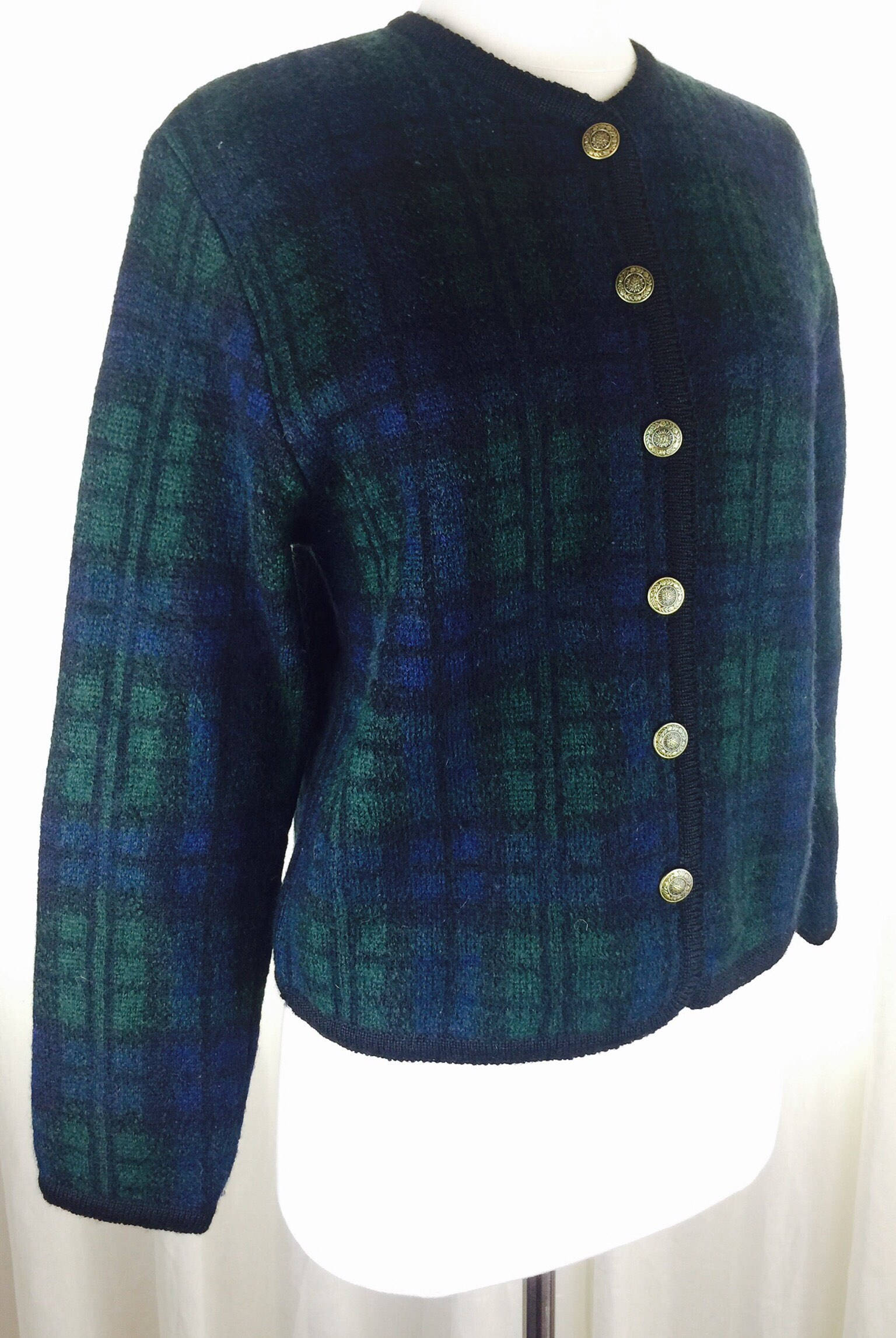 Vintage 80's black watch plaid wool knit gold button cardigan sweater