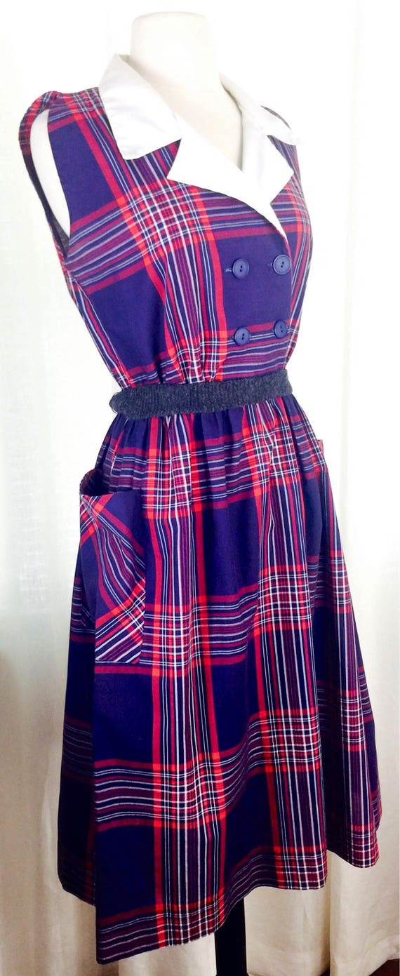 Vintage 70's blue red windowpane plaid collared d… - image 5