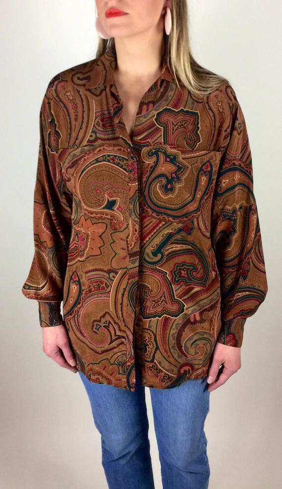 Vintage 90's designer tan paisley tunic style sil… - image 3