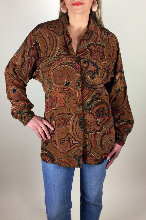 Vintage 90's designer tan paisley tunic style sil… - image 9