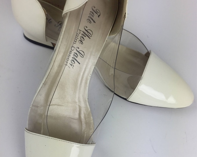 Vintage 80's ivory patent leather and clear  acrylic pointed kitten heel flats