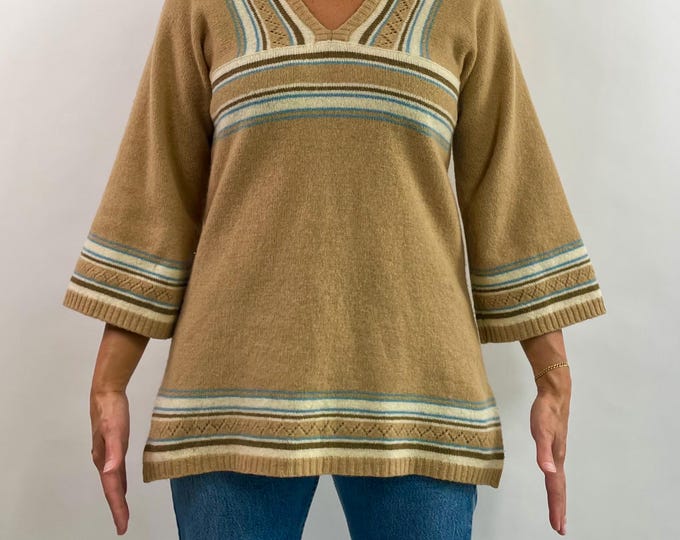 Vintage 70's boho camel lambswool striped tunic style sweater