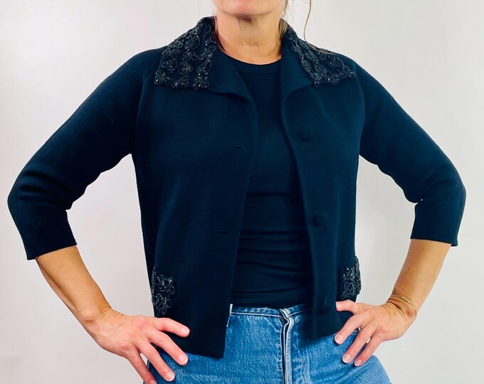 Vintage 50's embellished beaded sparkle trim black knit wool cardigan jacket