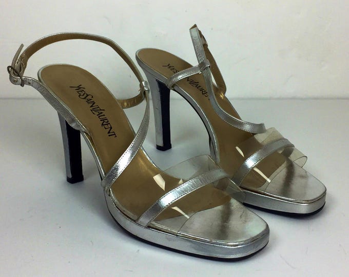 Vintage 80's Yves Saint Laurent designer silver metallic clear acrylic slingback evening platform heeled sandals