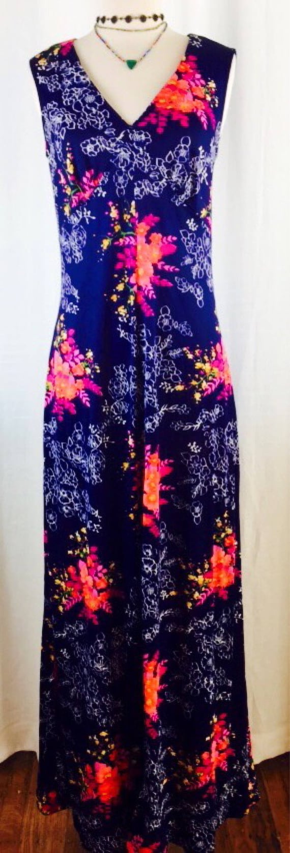 Vintage 70's long navy bright floral maxi dress - image 2