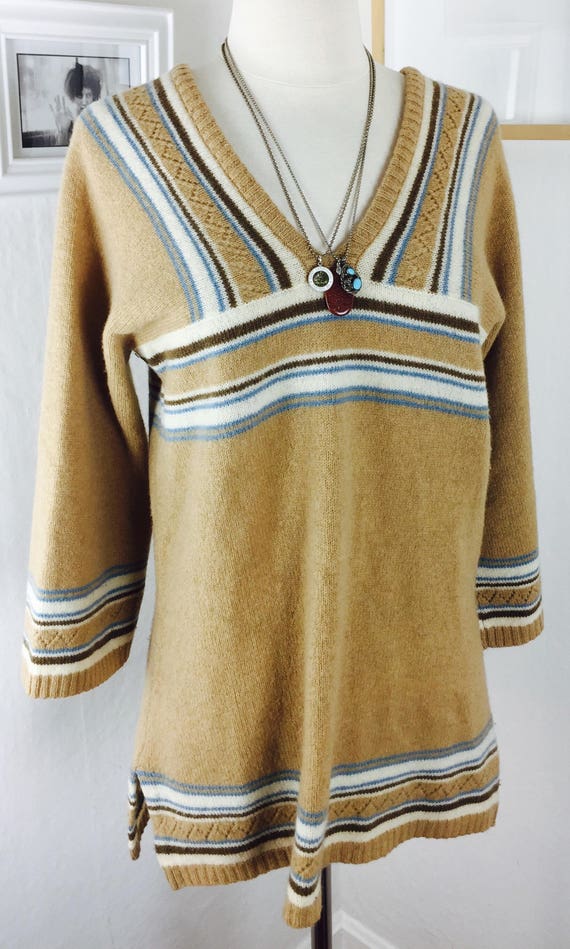 Vintage 70's boho camel lambswool striped tunic s… - image 5