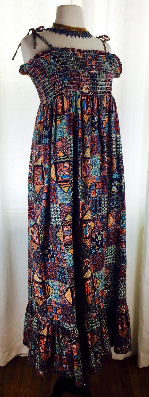 Vintage 70's batik collage printed cotton smocking
