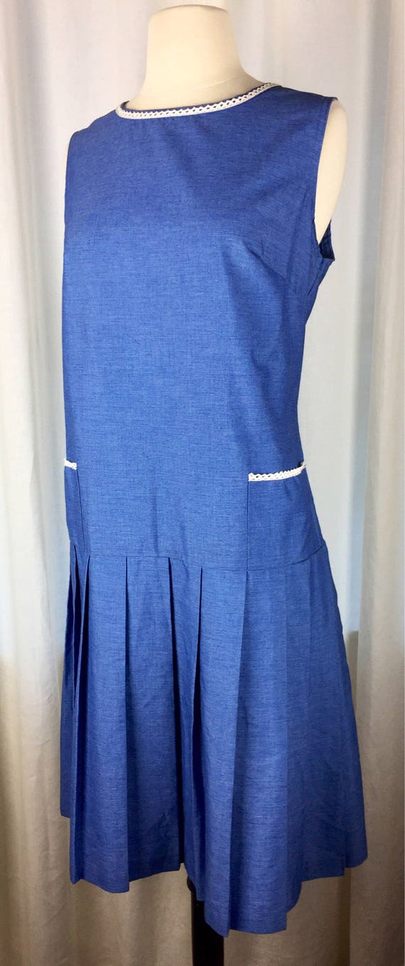 Vintage 60's blue denim chambray drop waist pocke… - image 1