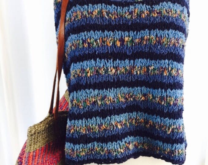Vintage 90's boxy chambray denim madras plaid cotton open knit  cropped tank sweater
