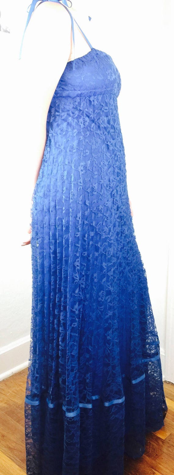 Vintage 70's royal blue lace empire strappy maxi … - image 6